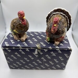 Vintage Fitz Floyd pair of ceramic turkey-shaped salt and pepper shakers. New